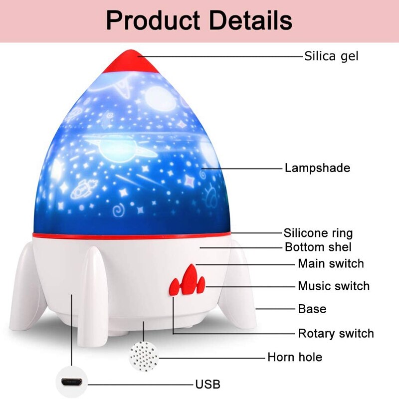 Children's Music Night Light Projector, 360 degree Rotating LED, USB Rechargeable Sleep Light,