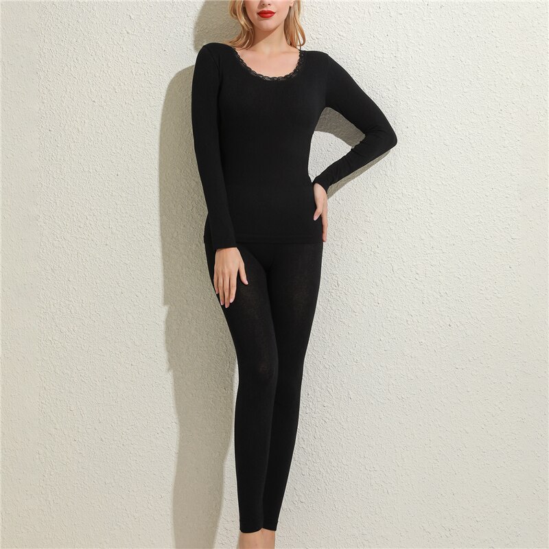 Femmes Sous-Vêtement Thermique Ensemble Dames Automne Hiver Vêtements Sans Couture À Manches Longues O COU Top Longue Confortable Femmes Sous-Vêtements Ensemble: black
