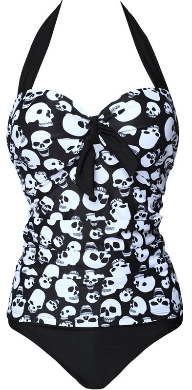 Tony Sexy Women One Piece Swimsuit Push Up Skull/Rose Skull Print Halter Backless Beachwear High Waist Swimwear Plus Size M~4XL: Black / 4XL