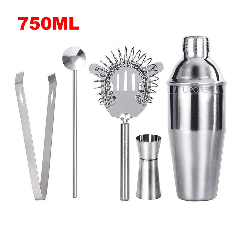 Stainless Steel Cocktail Set 550ml/750ml Cocktail Shaker Set with Muddler Jigger Bar Spoon Ice Tong Bartender Kit Bar Set: 750ML-5PCS