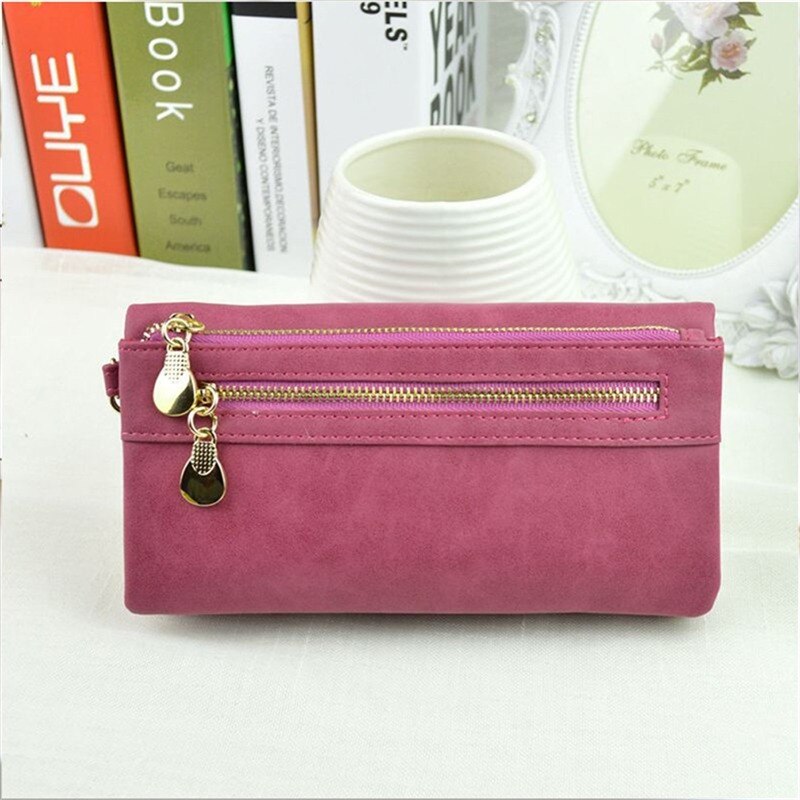 Women Wallets Dull Polish Leather Wallet Double Zipper Day Clutch Purse Wristlet Portefeuille Handbags Carteira Feminina: Rose red