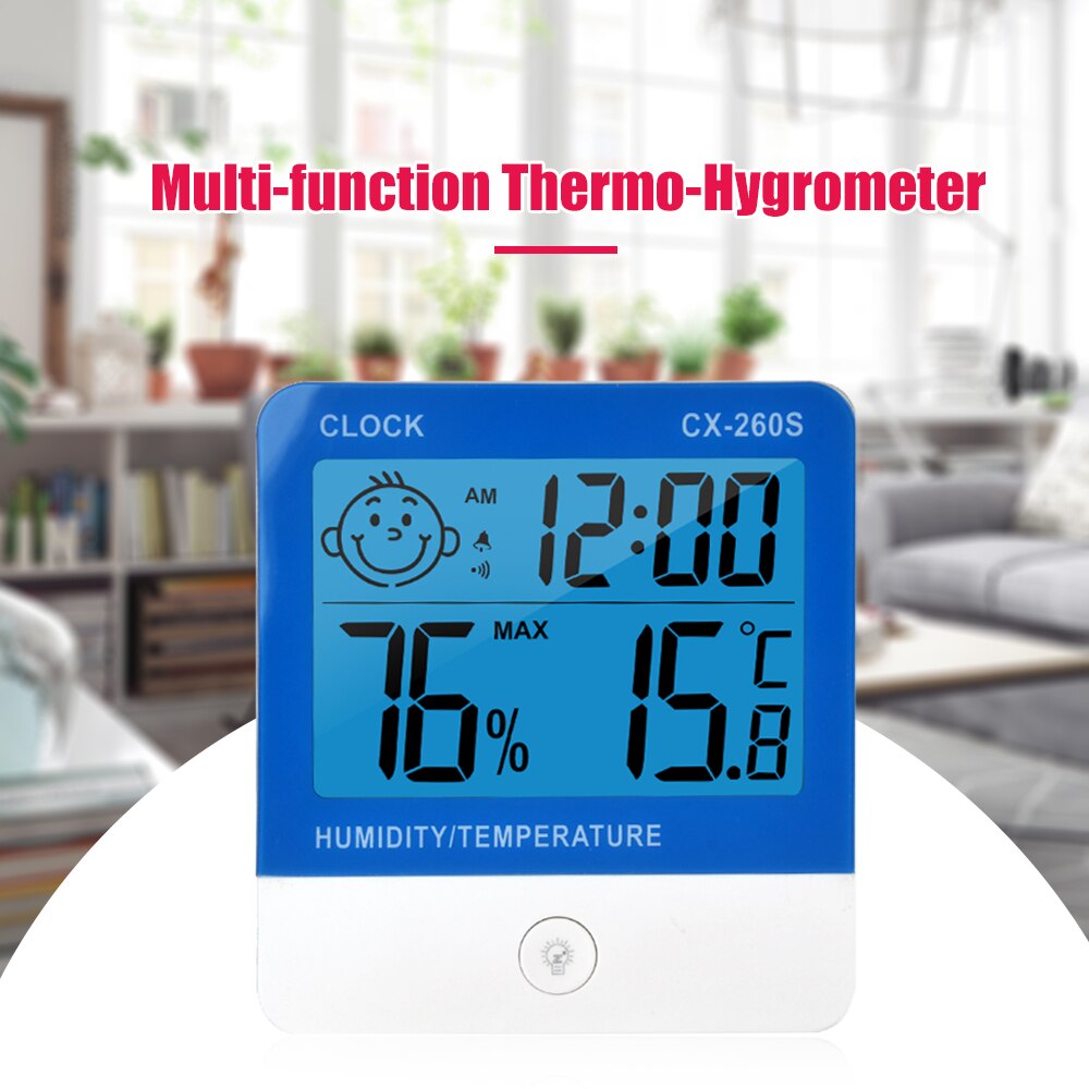 Digital Thermo-Hygrometer Thermometer Hygrometer Indoor Room Temperature Humidity Gauge Meter Alarm Clock for House Office Hotel