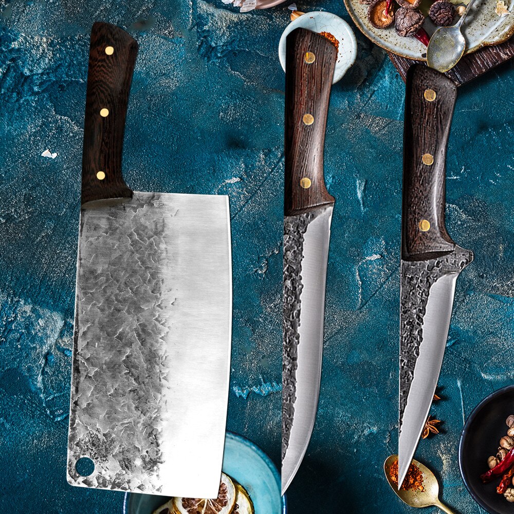 Traditional Forged Kitchen Knife Set Handmade Hammer Stainless Steel Chef's Chopper Cooking Knives Meat Slicer Butcher Knife: 3 Pcs Set 1