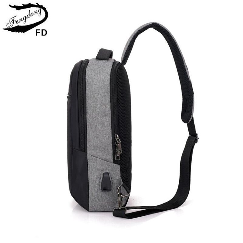 Fengdong male sling travel chest bag reflective strip backbag unisex one shoulder usb bag waterproof small messenger bag bagpack