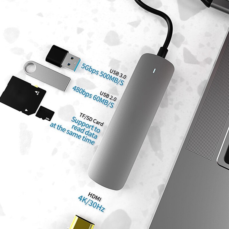 TYPE-C 5 in 1 Hub multifunzionale del taccuino della stazione di aggancio USB2.0 + 3.0/TF/SD/HDMI 4K30HZ