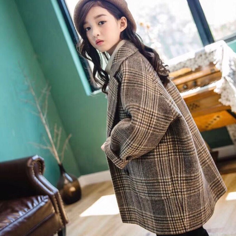 neue Herbst Winter freundlicher Mädchen Baumwolle Lange Jacken freundlicher Revers Plaid Wolle Mantel Teenager Mädchen lässig warm Wolle Outwear k18
