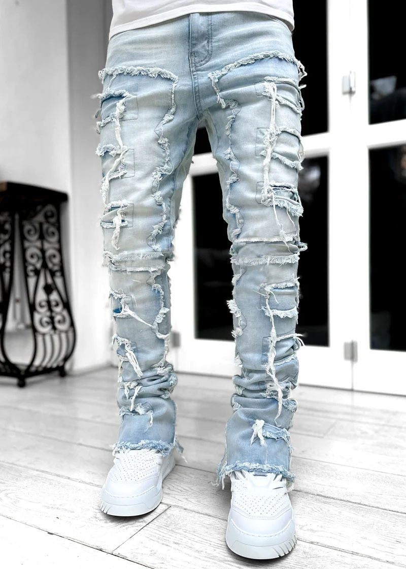 Stretch patch herrejeans  y2k patchwork kvaster dekoration lige denimbukser til mænd hiphop jeansbukser: M / Militærgrøn