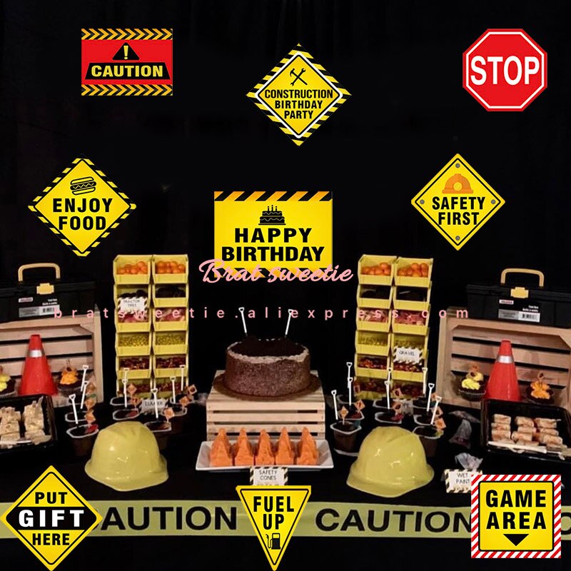 12pcs/set Construction Party Paper Traffic Signs Boys Themed Birthday Decorations Kids Party Supplies