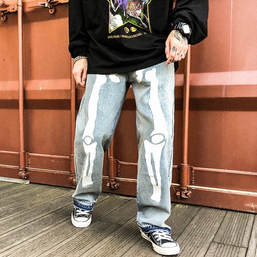 Männer Reflektierende Knochen aufbringen verlieren Beiläufige Breite Bein Jeans Männlichen Straße Hüfte hüpfen Punk gotisch Harem Denim Hosen Hosen: hell Blau / L
