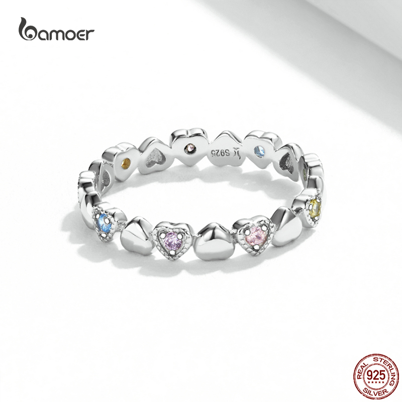 Bamoer Echtem 925 Sterling Silber Regenbogen Herz Ring für Frauen Liebe Ringe Luxus Bunte Zirkon Hochzeit Schmuck