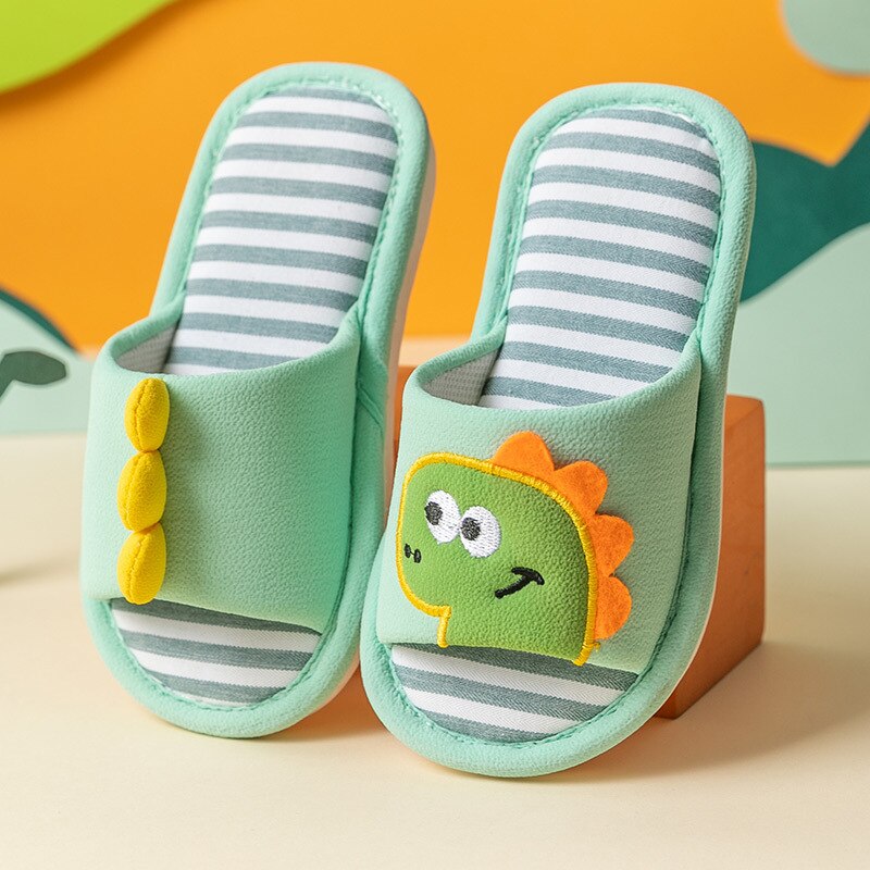 Printemps automne enfants pantoufles pour garçons filles fond souple anti-dérapant intérieur maison chaussures enfants dinosaure respirant lin pantoufles: green / 2425
