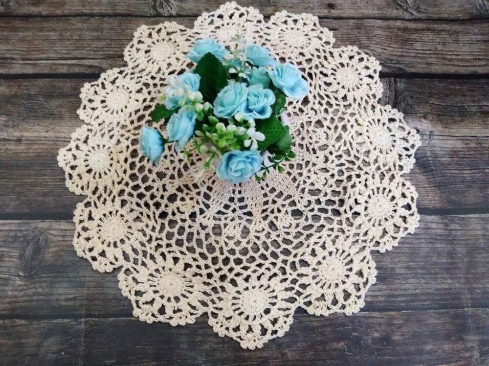 40cm runda lyxiga handgjorda virkade blommor doilies kaffemugg bordsduk underlägg te kopp täcka handduk för bröllop bankett fest: Beige