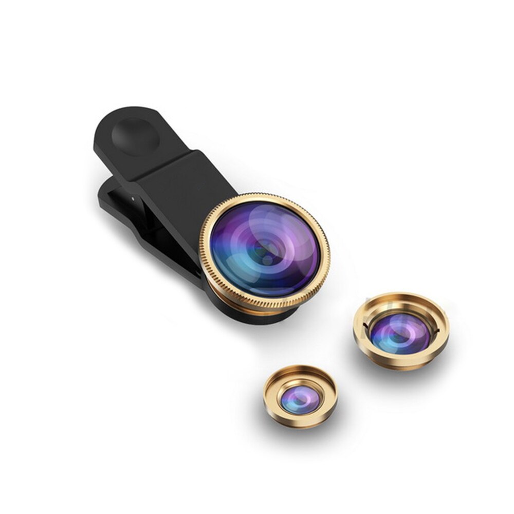 Universal- 3 in1 Weitwinkel Makro Fisch Augen Objektiv Kamera praktisch Linsen Für iPhone 6 6s 7 8 Plus Für Samsung Hinweis 8 9 S9 Plus: golden