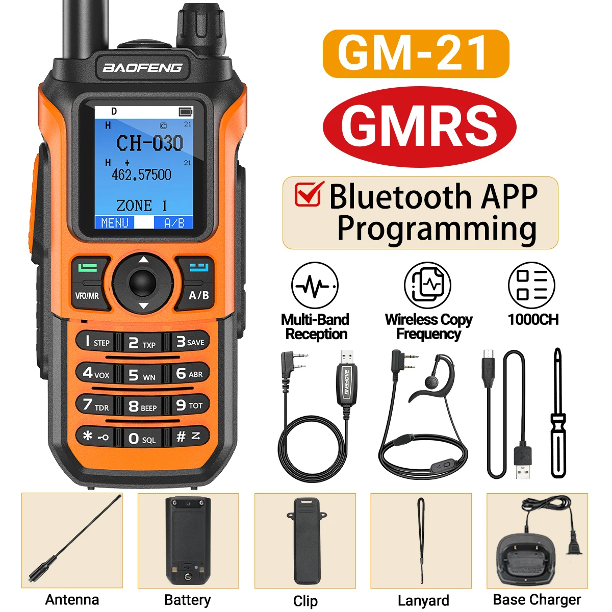 Baofeng GM-21 Walkie Talkie GMRS Transceiver Bluetooth Wireless Programing Multi-Band Receiving AM FM Type-c Charger Radio: black / US