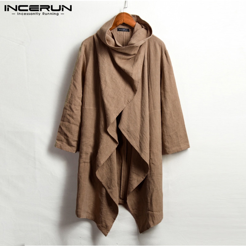 Incerun Vintage Mannen Jassen Katoen Coltrui Onregelmatige Geul Poncho Casual Lange Mouw Mantel Effen Straat Jassen Heren Bovenkleding: Coffee / S