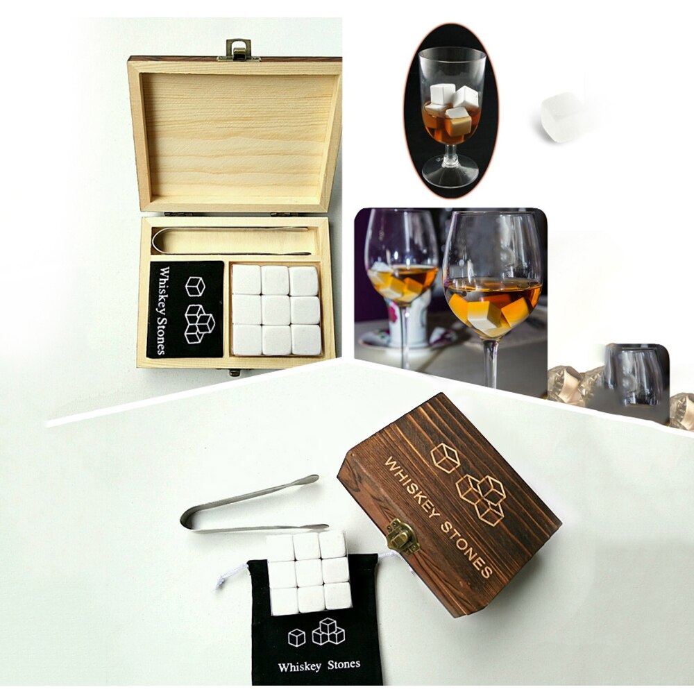 9pcs Whiskey Stones Whiskey Ice Stones Drinks Cooler Cubes Beer Rocks With Wood Case Pouch and Ice Clip Barware Bar Tool 2 Glass