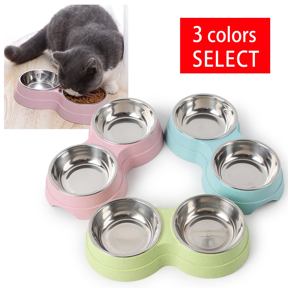 Recipiente de alimentación para mascotas de acero inoxidable, cuenco de agua para comida de dos mascotas, cuenco antideslizante para perros y gatos, plato para comer, comedero para mascotas, accesorios para perros