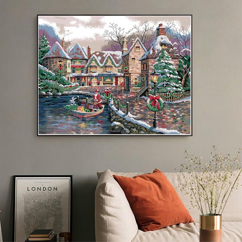 Cross Stitch Stamped Kits 14CT Printed Embroidery Cloth Needlepoint Kits Easy Patterns for Christmas Town