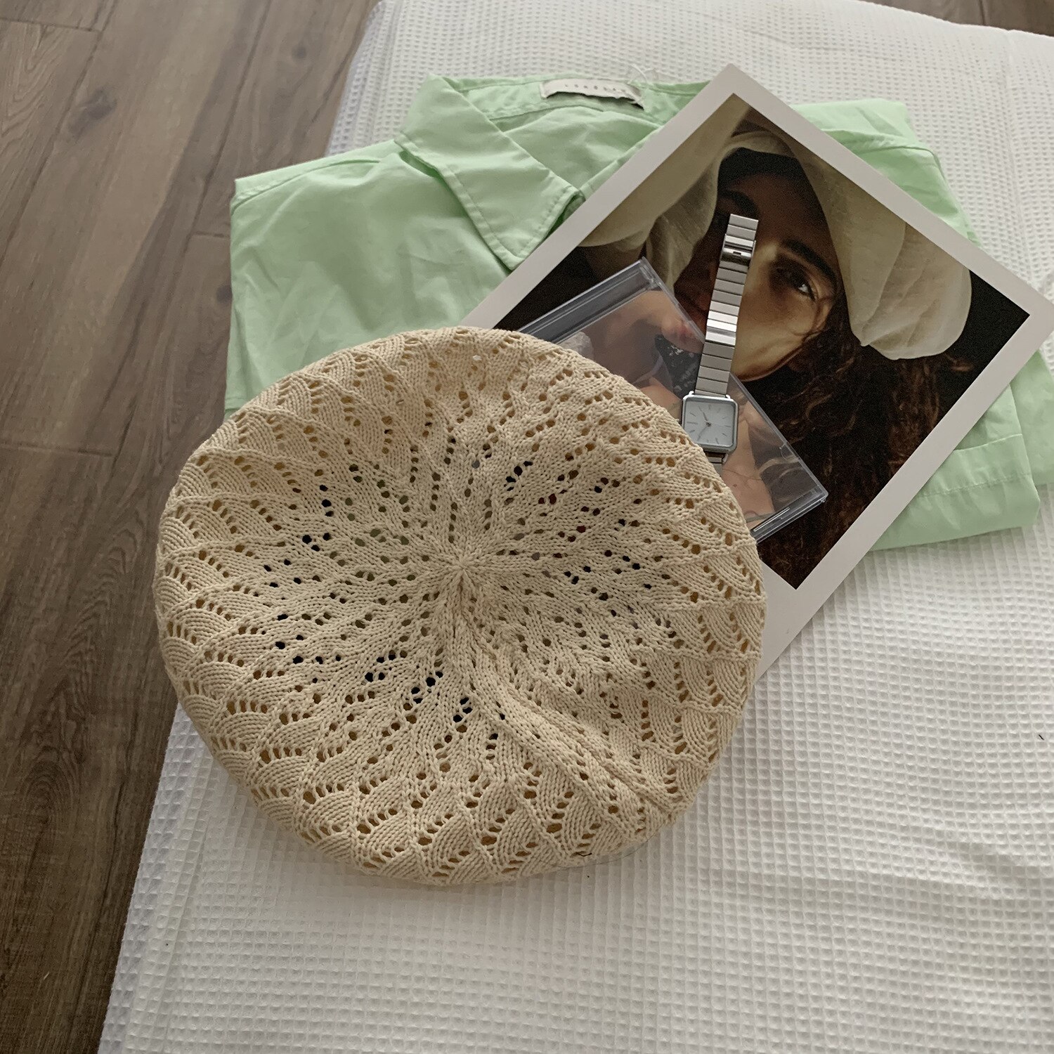 Summer Beret Hats for Women Flat Cap Knit Hollow Beret Hats Lady Girl Berets Hat Bone Female French Painter Hat Sun Cap Gorra: Khaki