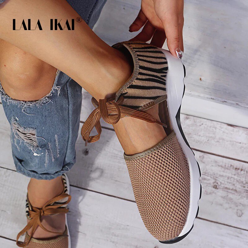 LALA IKAI – baskets léopard pour femmes, maille épaisse, ajouré, vulcanisé, chaussures de marche et de Tennis souples, automne , A30784-4