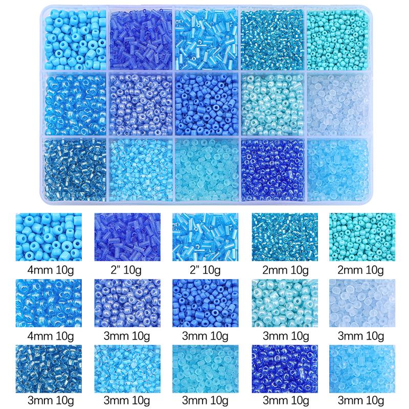 Juego de cuentas de vidrio de 15 colores para hacer pulseras, cuentas espaciadoras sueltas con caja de almacenamiento, Kit de tubos para manualidades, dijes de collares: Azul