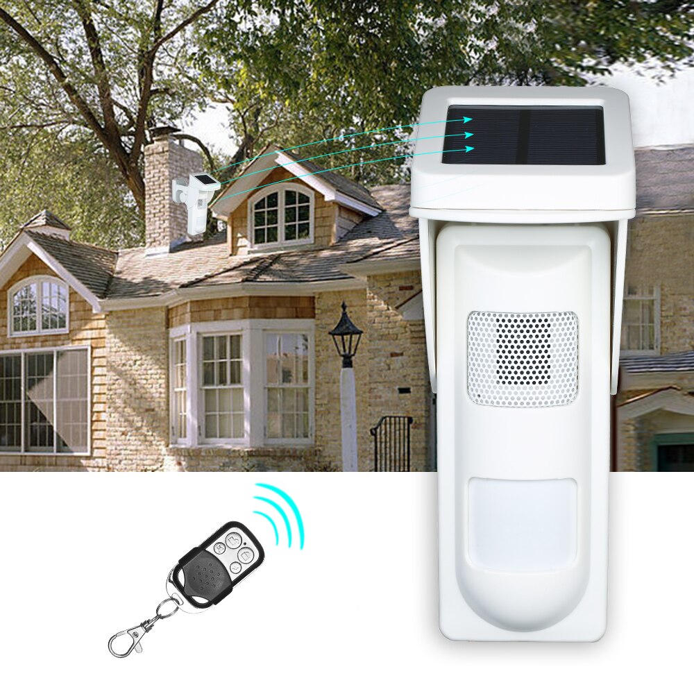 Wireless Outdoor Solar Siren Sensor Alarm Motion Sensor Pet Immunity Waterproof Detector With 16 Voices Alertor 2 Controllers