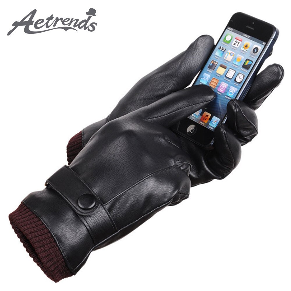 [AETRENDS] Luxe mannen Touchscreen Texting Winter PU Lederen Handschoenen Rijden Handschoenen met Fleece Voering O-0002