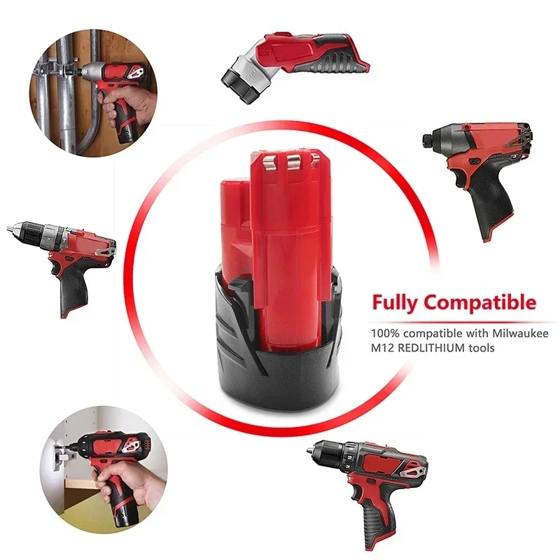 Batería Milwaukee de 12 V, 12,8 Ah, compatible con Milwaukee M12 XC 48-11-2410 48-11-2420 48-11-2411, batería de herramientas inalámbricas de 12 voltios