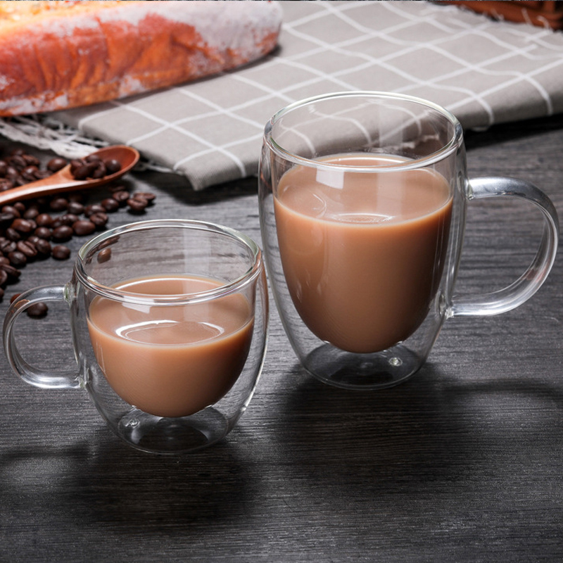 1 st dubbla kaffemuggar med handtaget muggar dricksisolering dubbelväggig glas tekopp drinkware mjölk