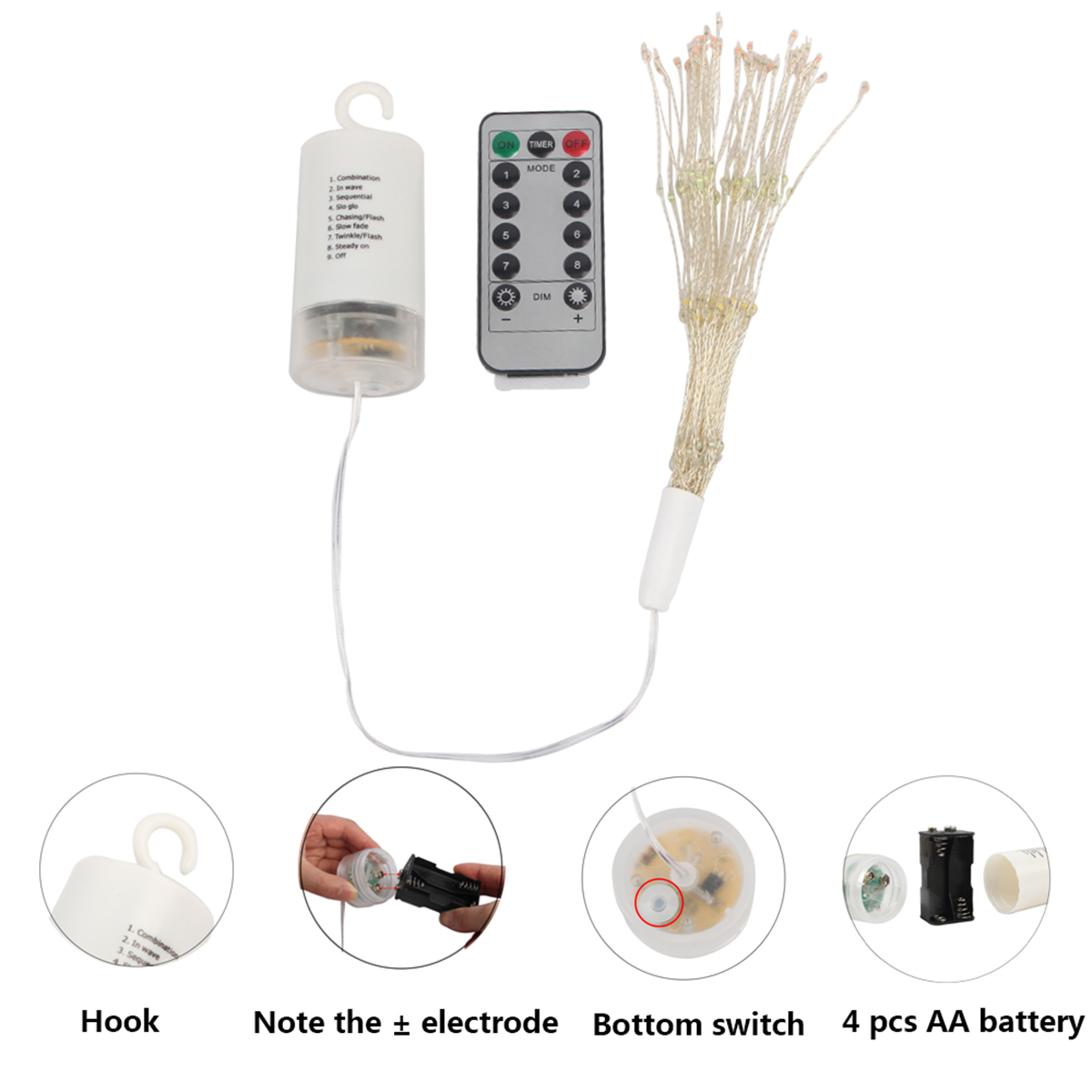 Vuurwerk, lichtslingers, bloemenslingers, LED-lichtjes op batterijen, kamperen op afstand, feesten, tuinen, Kerstmis op afstand