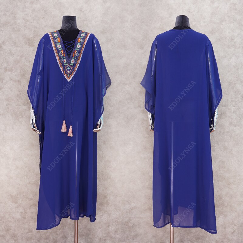 Plus size blauwe geborduurde zomer strandkleding chiffon kaftan strand vrouw tuniek badjurk badjas strand badkleding cover-up  #q975