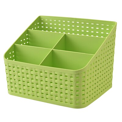Office Stationery Holder, Four Compartment Plastic Rattan Plaited Desk Organizer Storage Holder for Office Desk: green large