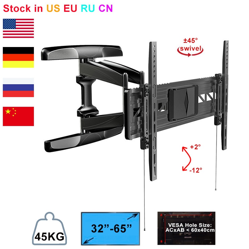 Full Motion Curved Flat UHD ULED TV Wall Mount Swivel LCD LED Monitor Bracket Holder Fit for 32"-70", Max Support 45KG Weight