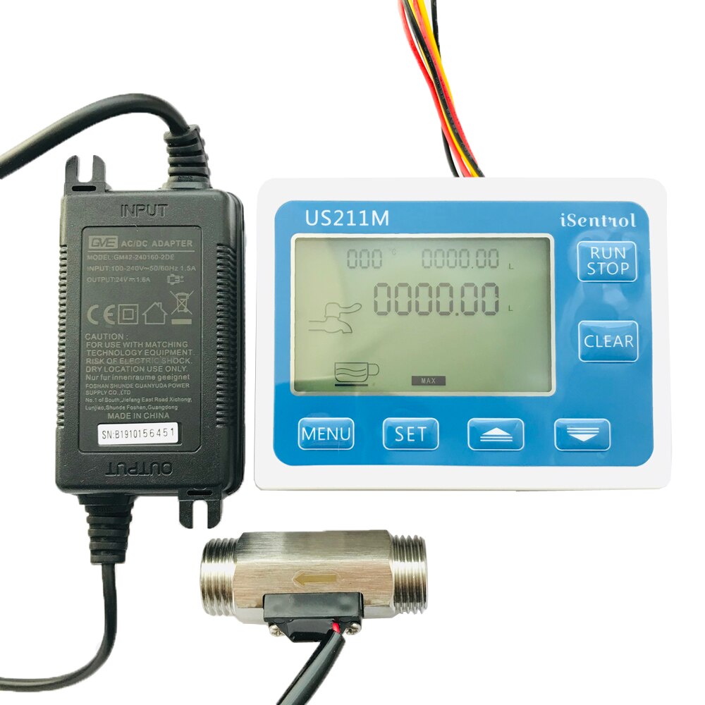Water Set US211M Digital Water Flow Meter with SUS304 Stainless Steel USS-HS21TH 1-30L/min Hall Water Flow Sensor Reader