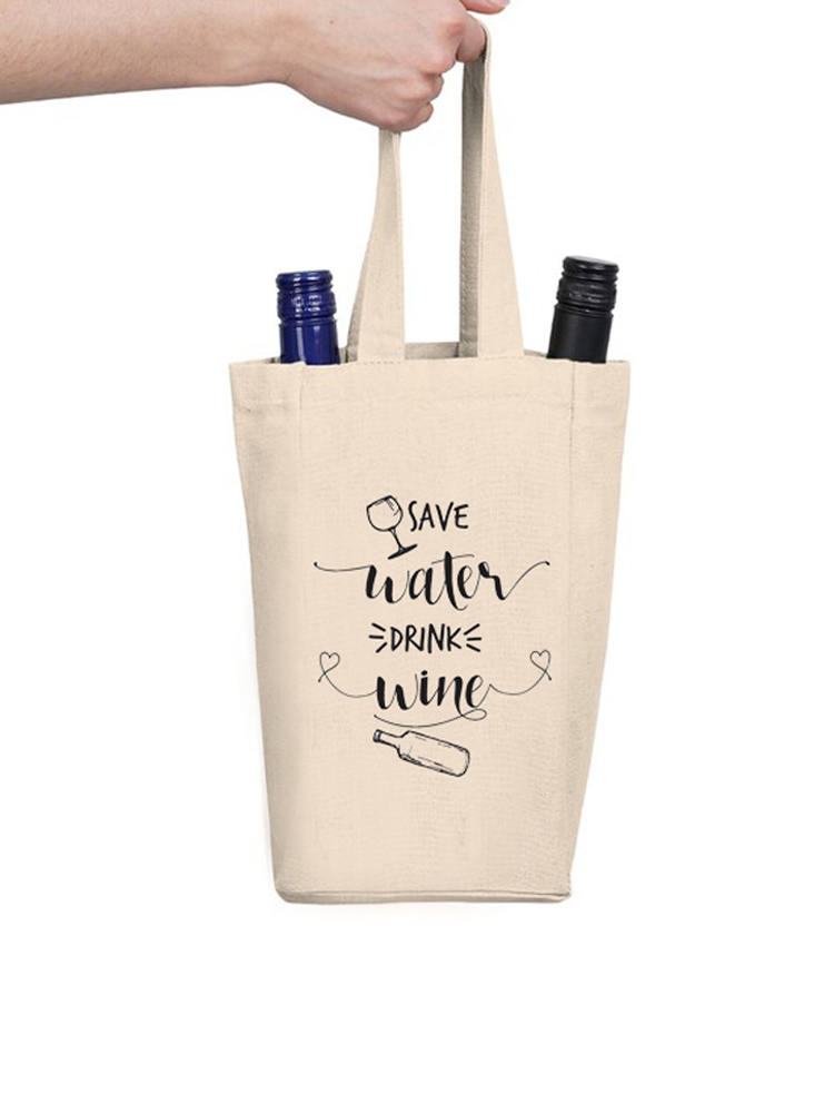 12oz Thick Canvas Double Wine Tote for Dinner, Party Two Drink Bottle Carrier Handle Bags With Divider Custom Accept
