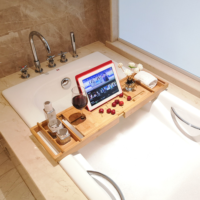 Bath Bar Storage Rack Multi-function Telescopic Toilet Flat-panel Phone Stand Bathroom Shower Stand Bamboo BathTub Sink Tray