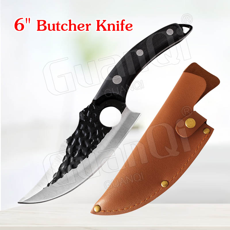 Forged Kitchen Knife Meat Cleaver Butcher Knife Boning Knife Chopping Slicing Knives Fishing Knife Outdoor Cooking Cutter: Style A With Sheath
