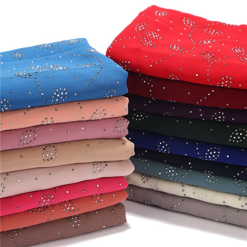 NEUE frauen strass Chiffon-feste farbe muslimischen kopf schal schals und wickelt pashmina bandana weiblich foulard hijab speichert