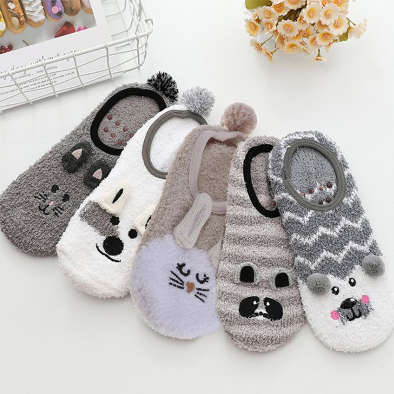 1 Pair Lady Winter Fuzzy Warm Slipper Floor Socks Cute Cartoon Animal Embroidery Coral Velvet Hosiery Footlet Sock Warmer