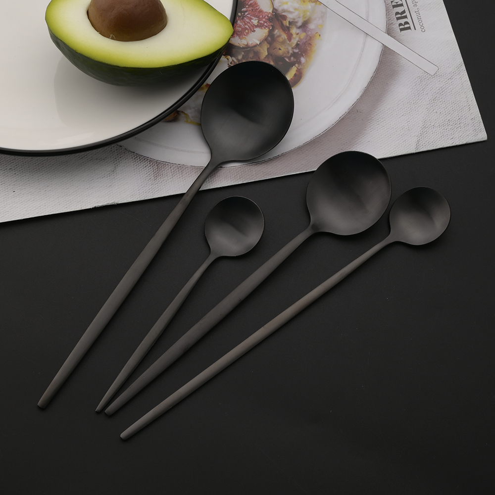 Juego de cubiertos de acero inoxidable para cocina, cubertería negra mate de 6 piezas, cuchara de hielo, tenedor, cuchillo de postre