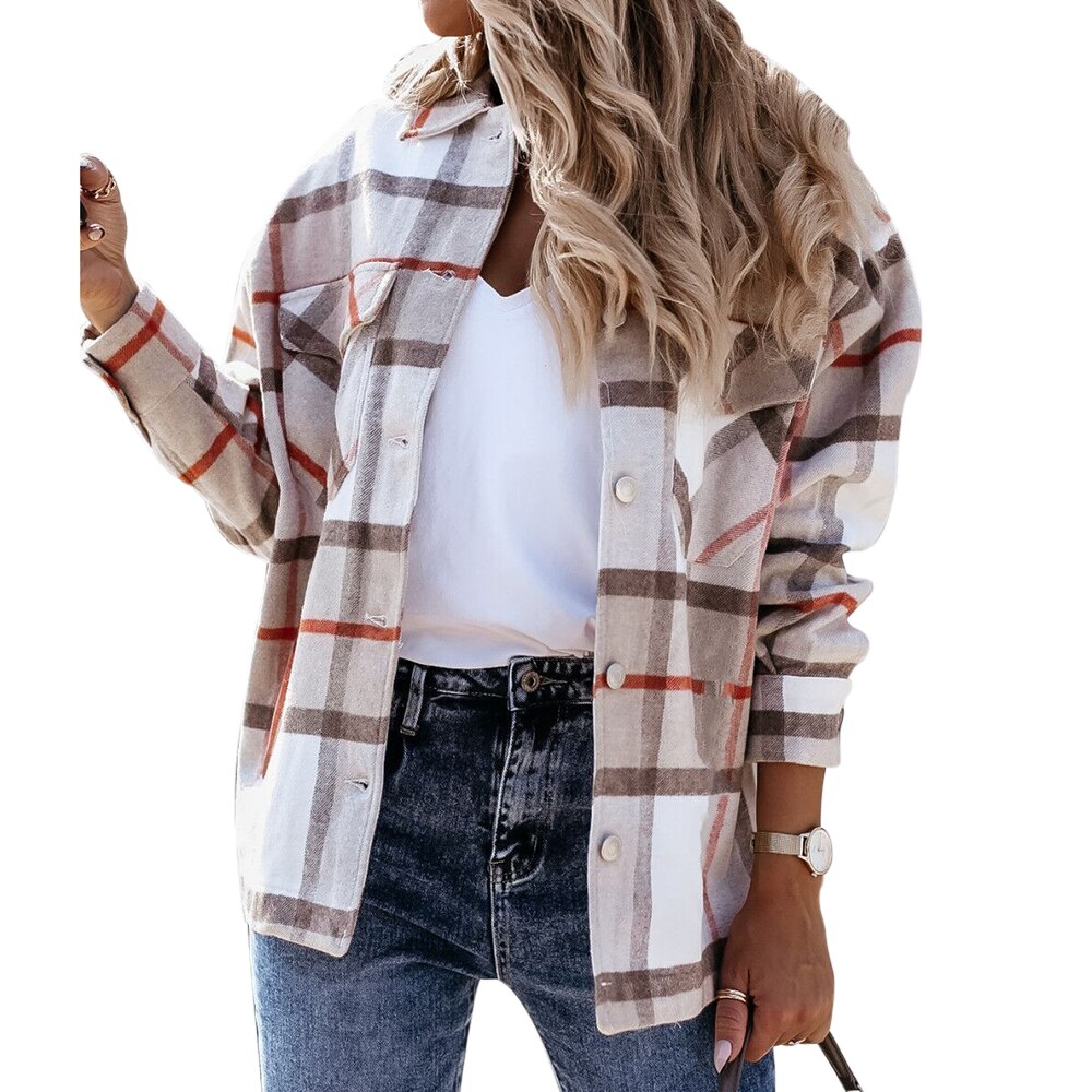 Winter Khaki Plaid Jacket Coat Women Streetwear Long Leeve Thick Wool Coat Pocket Oversized Lapel Autumn Shirts Coats: pink / Asian Size M