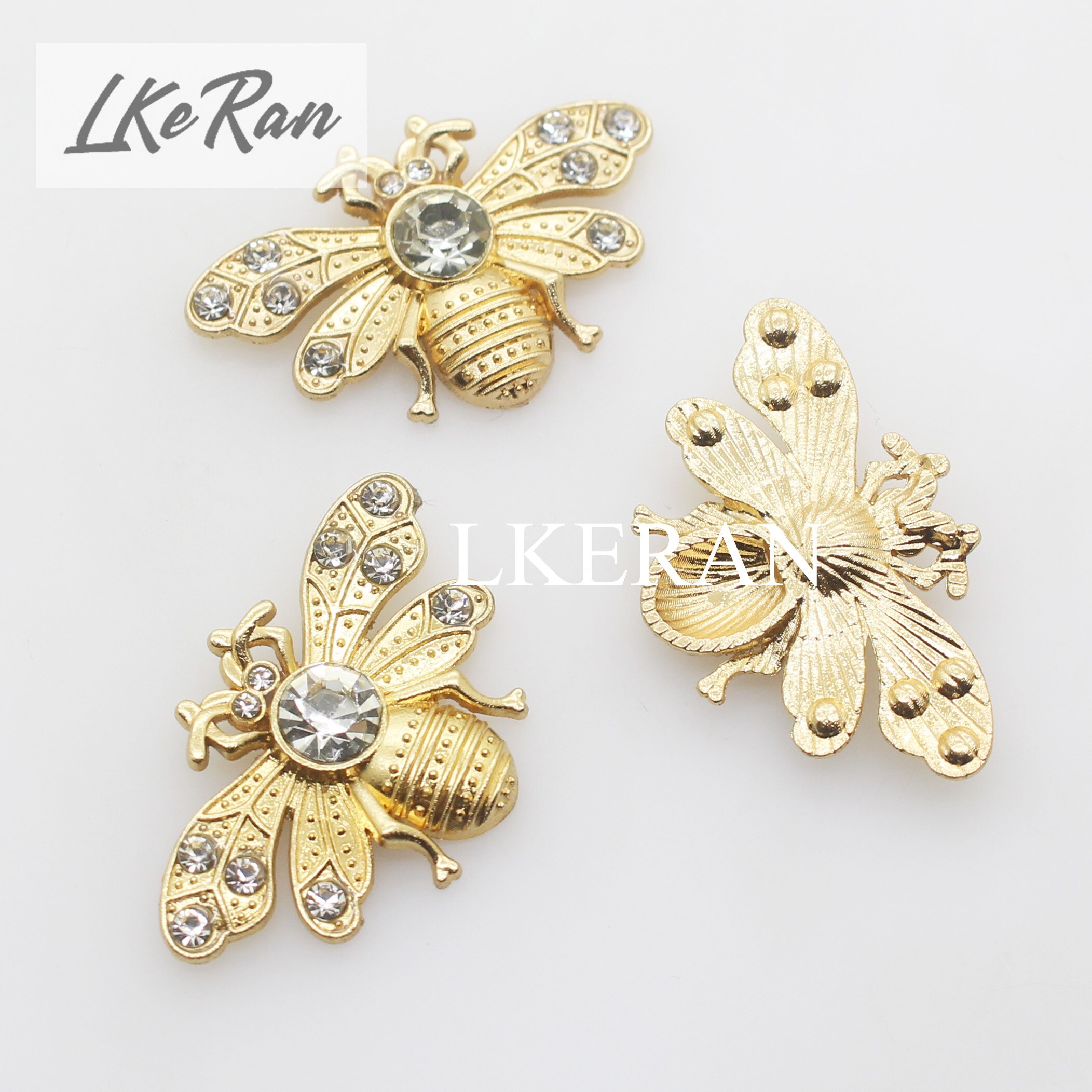 LKERAN-Botones de decoración de diamantes de imitación, accesorio para ropa, corbata, broche, 21x33mm, escarabajo dorado, Diy, 5 unids/lote