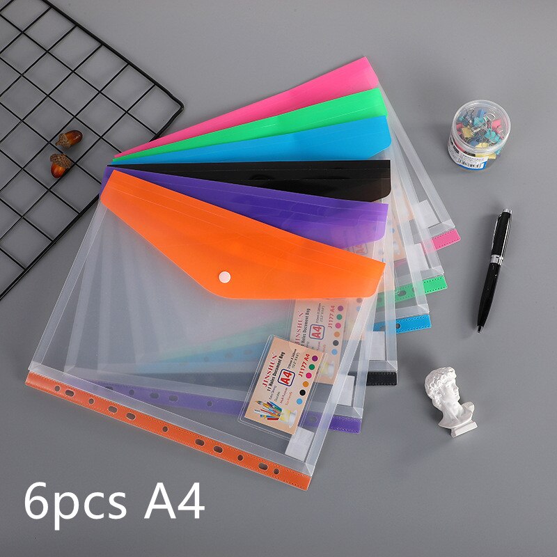 6pcs Poly Envelope Folder For A4 Document Organizer Transparent Waterproof File Bag with Snap Button Closure Pouch School Office: B mix colors
