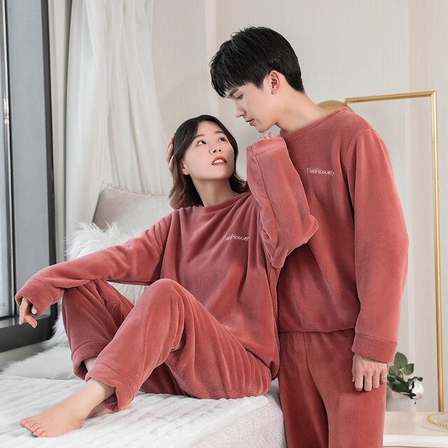 Pyjamas til par sæt tyk varm koral fleece homewear vinter lounge herretøj blød løst pyjamas kvinder hjemmetøj jakkesæt: Mørkerød / Kvinder (45-65kg)