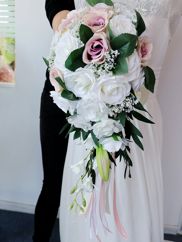 cascada Borgoña ramo blanco Artificial púrpura Ramos de flor Rosa boda accesorio para novia con flores