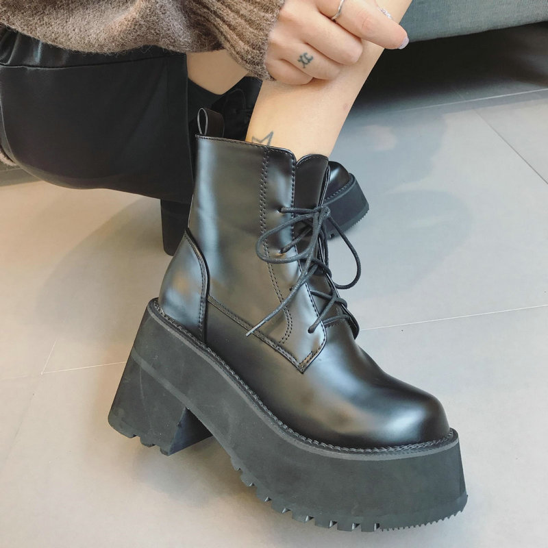 Botas de cuero para mujer, Botines de tacón grueso a la , zapatos de tacón alto cálidos para invierno, botas negras con plataforma, B460,
