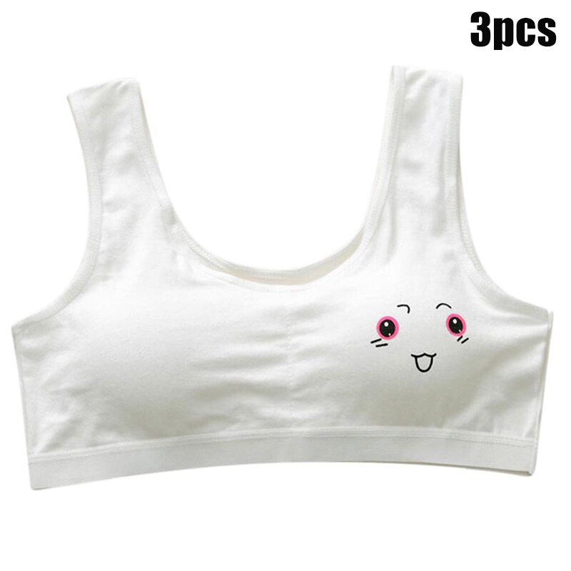 3pcs Cute Cartoon Girl Bra Soft Cotton Teenage Casual Training Bra for Students Teenager BM88: White