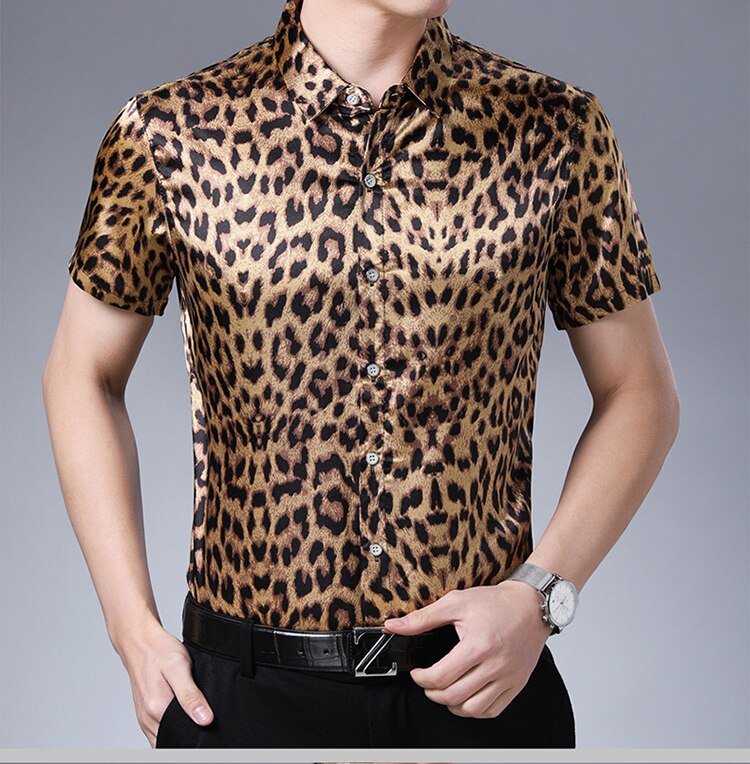 Chemises en soie à imprimé léopard pour hommes, chemises d&#39;été décontractées à manches courtes, à la: Color 1 / L
