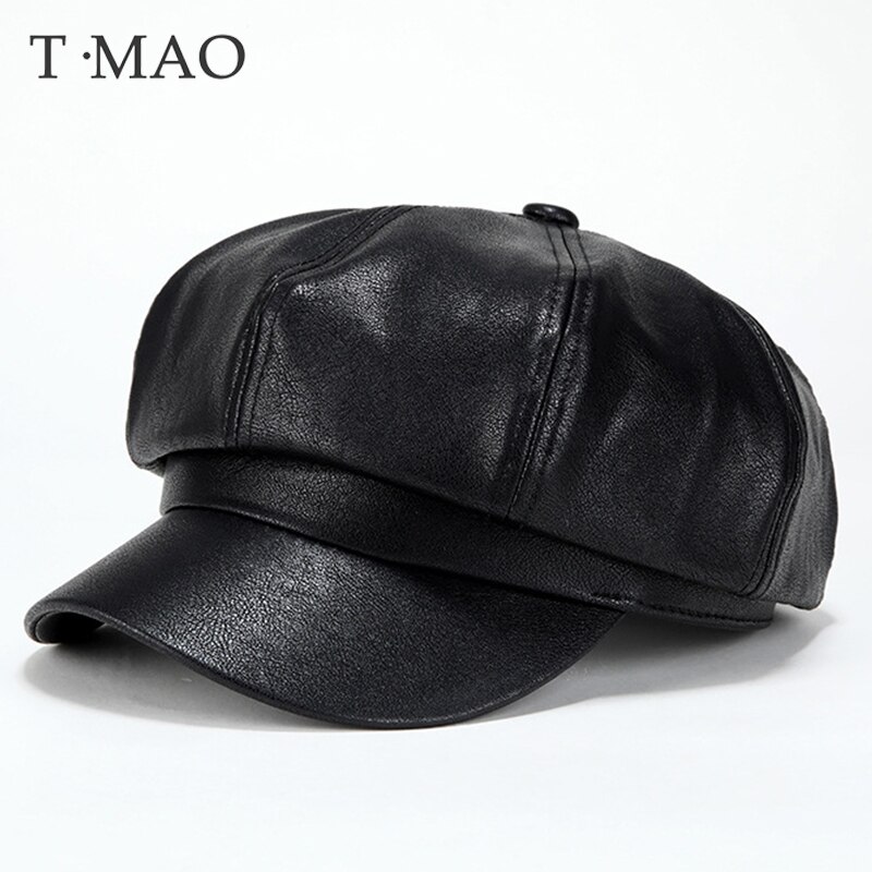Boina T-MAO de cuero Pu para hombre y mujer, gorro liso Vintage, , Color sólido, para invierno