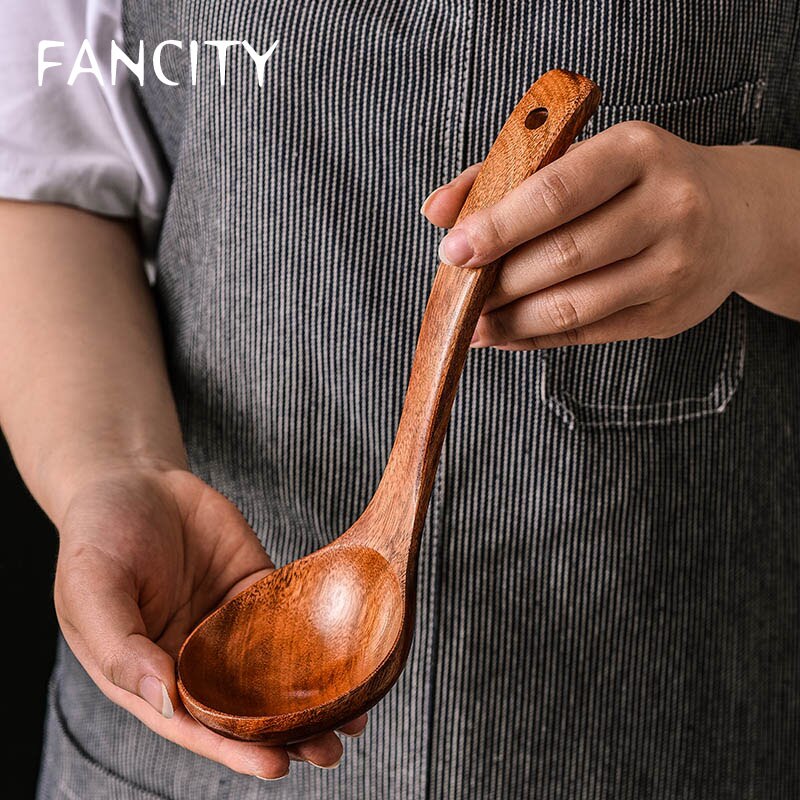 FANCITY Soup spoon household large spoon long handle spoon wooden soup porridge spoon wooden spoon large wooden trumpet